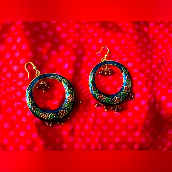 Elegant Blue and Gold Handpainted Floral Earrings - Picture 1 of 4